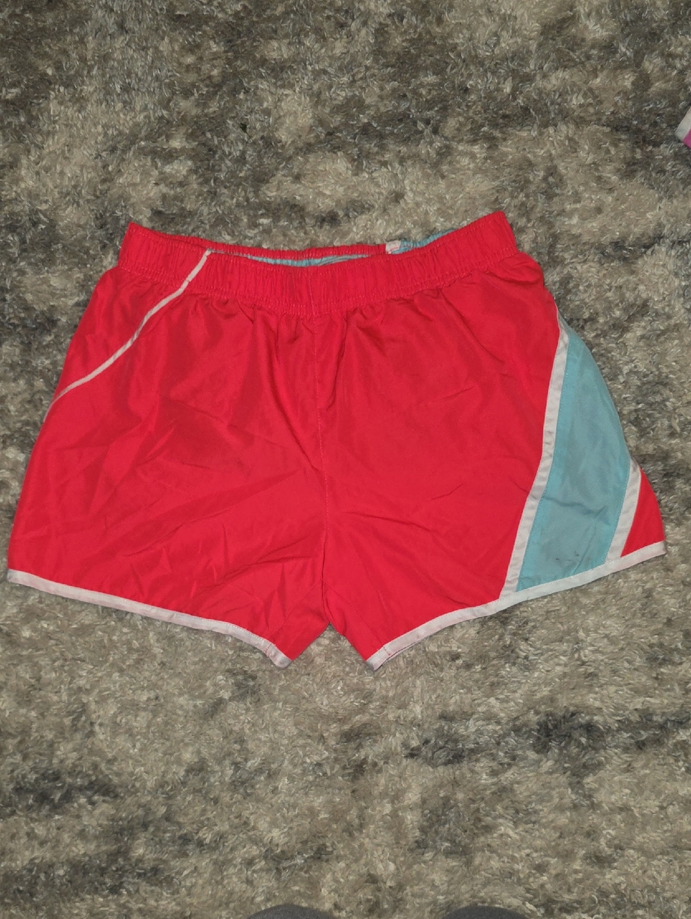 Women's Athletic Running Shorts - Bright Coral with Light Blue Panel